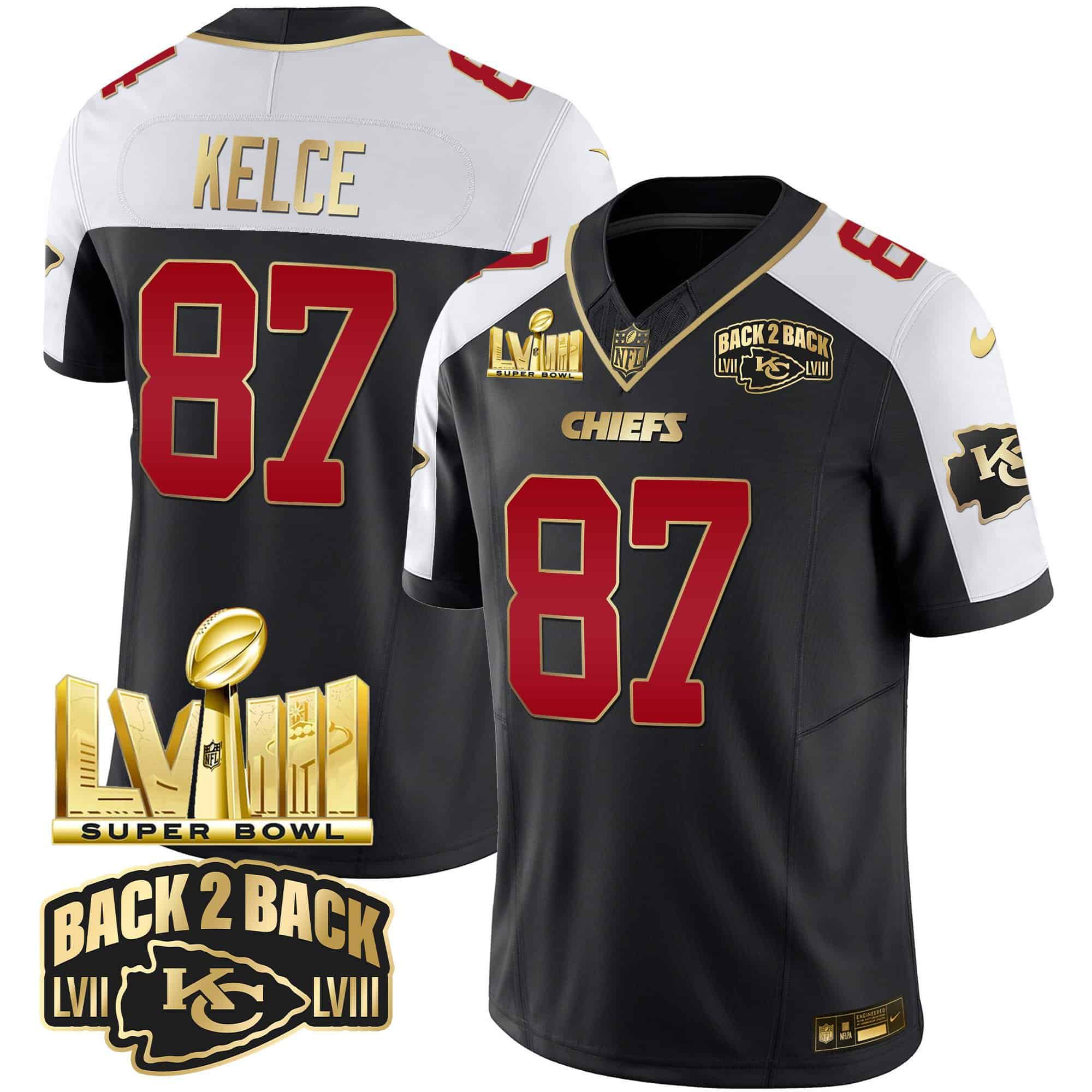 Men Kansas City Chiefs #87 Kelce Black 2024 Nike Super Bowl LVIII & Back-2-Back Gold Patch Vapor NFL Jersey
